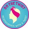Do the Twist - Headscarves with a Twist. Image of a head with a pink head scarf. Turquoise background. Silhouette head, profile head 